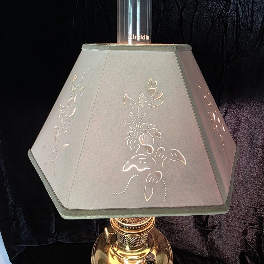 VTG Aladdin 12 Brass Oil to Electric Lamp, Lox-on Chimney & Cut-out Floral Shade